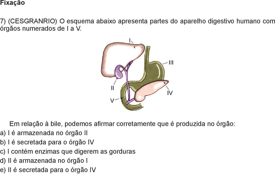 Em relação à bile, podemos afirmar corretamente que é produzida no órgão: a) I é