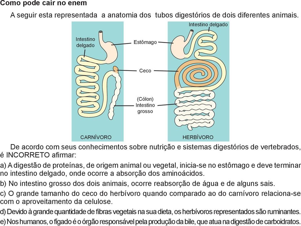 afirmar: a) A digestão de proteínas, de origem animal ou vegetal, inicia-se no estômago e deve terminar no intestino delgado, onde ocorre a absorção dos aminoácidos.