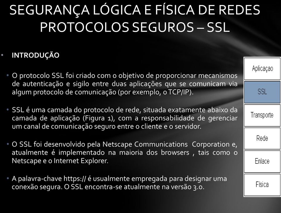 SSL é uma camada do protocolo de rede, situada exatamente abaixo da camada de aplicação (Figura 1), com a responsabilidade de gerenciar um canal de comunicação seguro