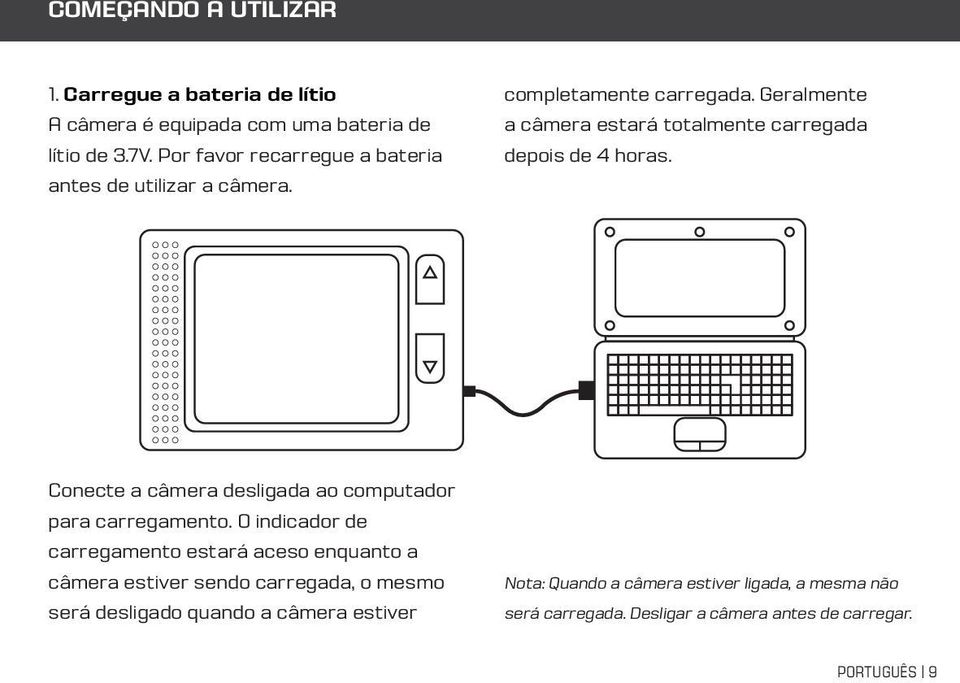 Geralmente a câmera estará totalmente carregada depois de 4 horas. Conecte a câmera desligada ao computador para carregamento.