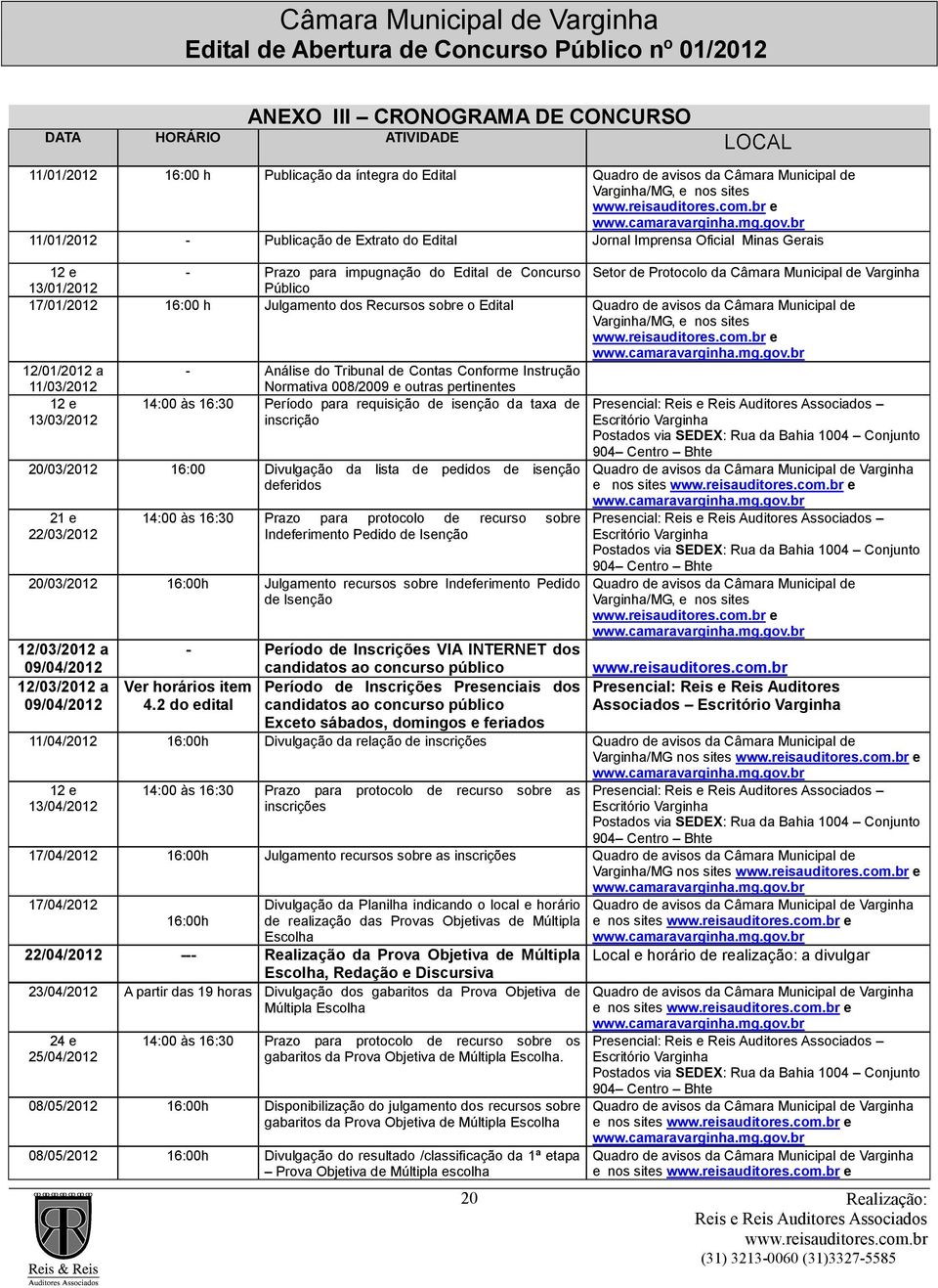 br 11/01/2012 - Publicação de Extrato do Edital Jornal Imprensa Oficial Minas Gerais 12 e - Prazo para impugnação do Edital de Concurso Setor de Protocolo da Câmara Municipal de Varginha 13/01/2012