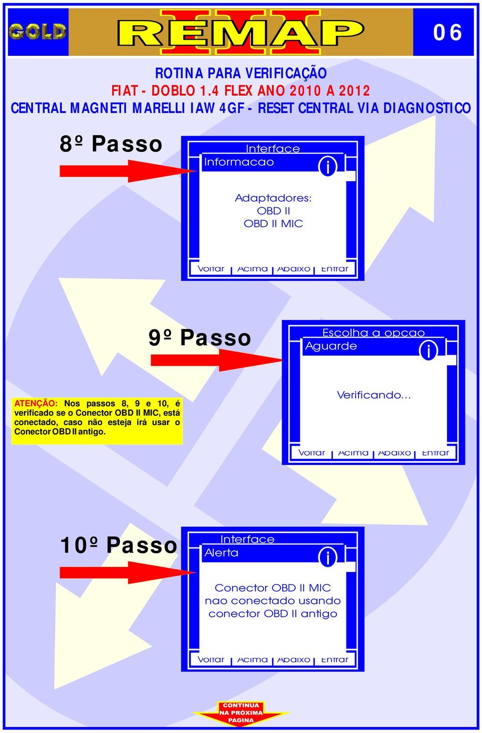 passos 8, 9 e 10, é verfcado se o Conector OBD II MIC, está conectado, caso não esteja rá