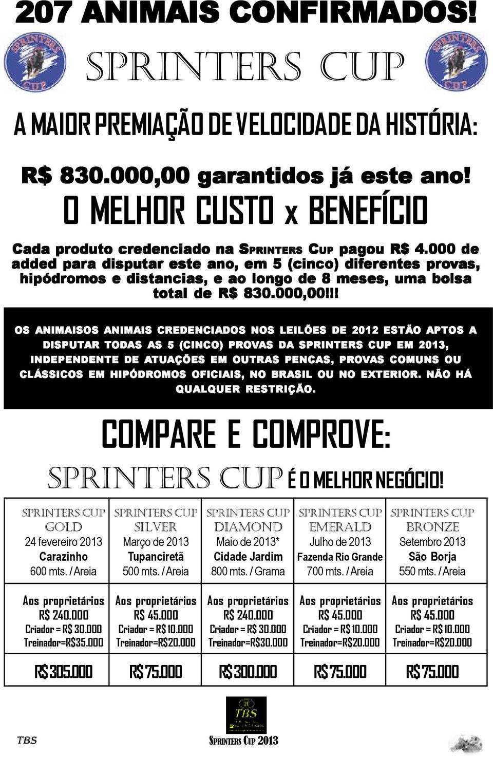 000 de added ded para a disputar este ano, em 5 (cinco) difer erentes entes provas as, hipódromos e distancias, e ao longo de 8 meses, uma bolsa total de R$ 830.000,00!