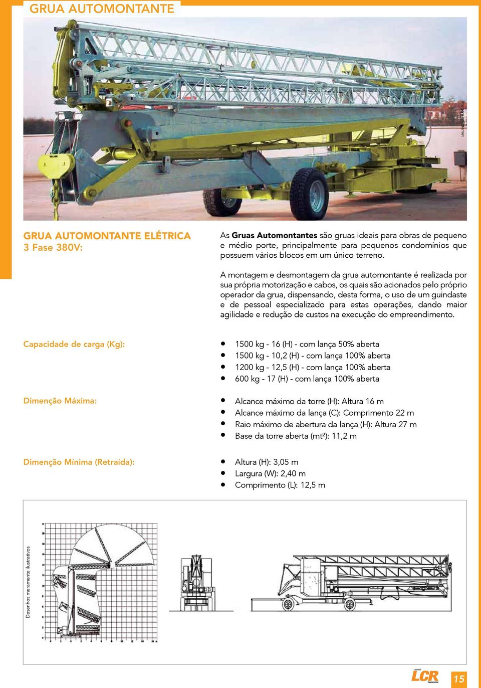 A montagem e desmontagem da grua automontante é realizada por sua própria motorização e cabos, os quais são acionados pelo próprio operador da grua, dispensando, desta forma, o uso de um guindaste e