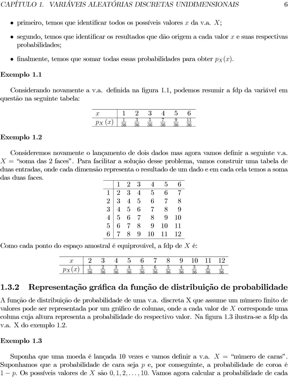 ores x da v.a. X; segundo, temos que identificar os resultados que dão origem a cada valor x e suas respectivas probabilidades; finalmente, temos que somar todas essas probabilidades para obter p X (x).