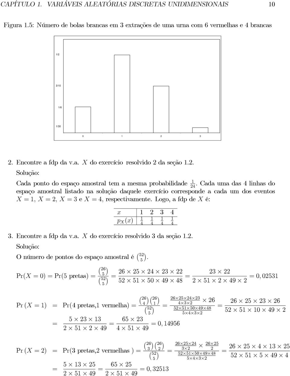 Cada uma das 4 linhas do 4 espaço amostral listado na solução daquele exercício corresponde a cada um dos eventos X,X,X3e X 4, respectivamente. Logo, a fdp de X é: x 3 4 p X (x) 4 4 4 4 3.