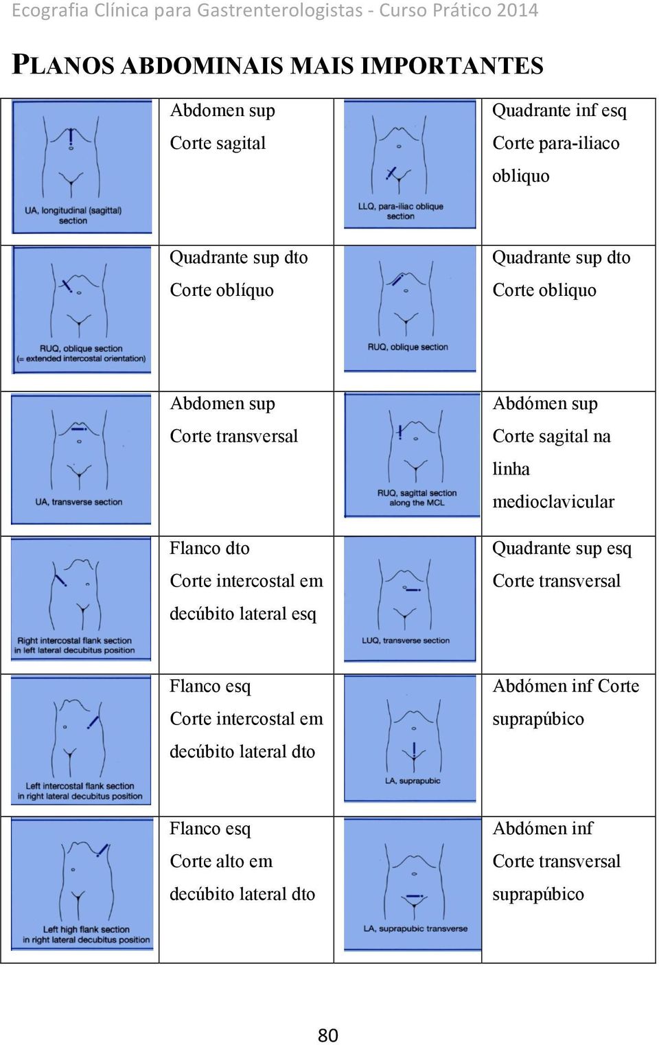 intercostal em decúbito lateral esq Abdómen sup Corte sagital na linha medioclavicular Quadrante sup esq Corte transversal Flanco esq Corte