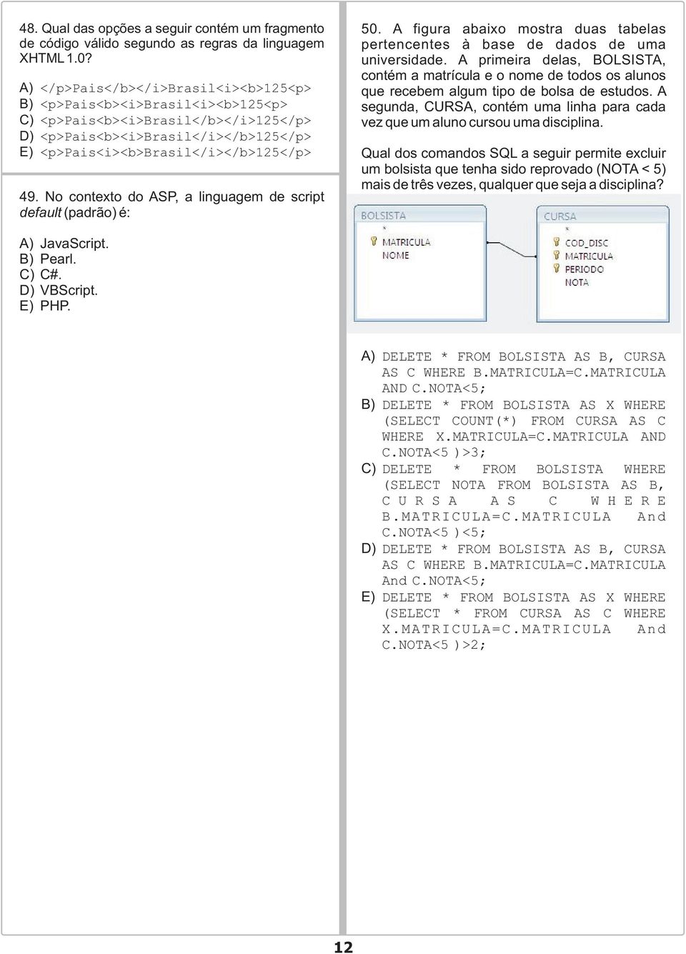 No contexto do ASP, a linguagem de script default (padrão) é: 50. A figura abaixo mostra duas tabelas pertencentes à base de dados de uma universidade.