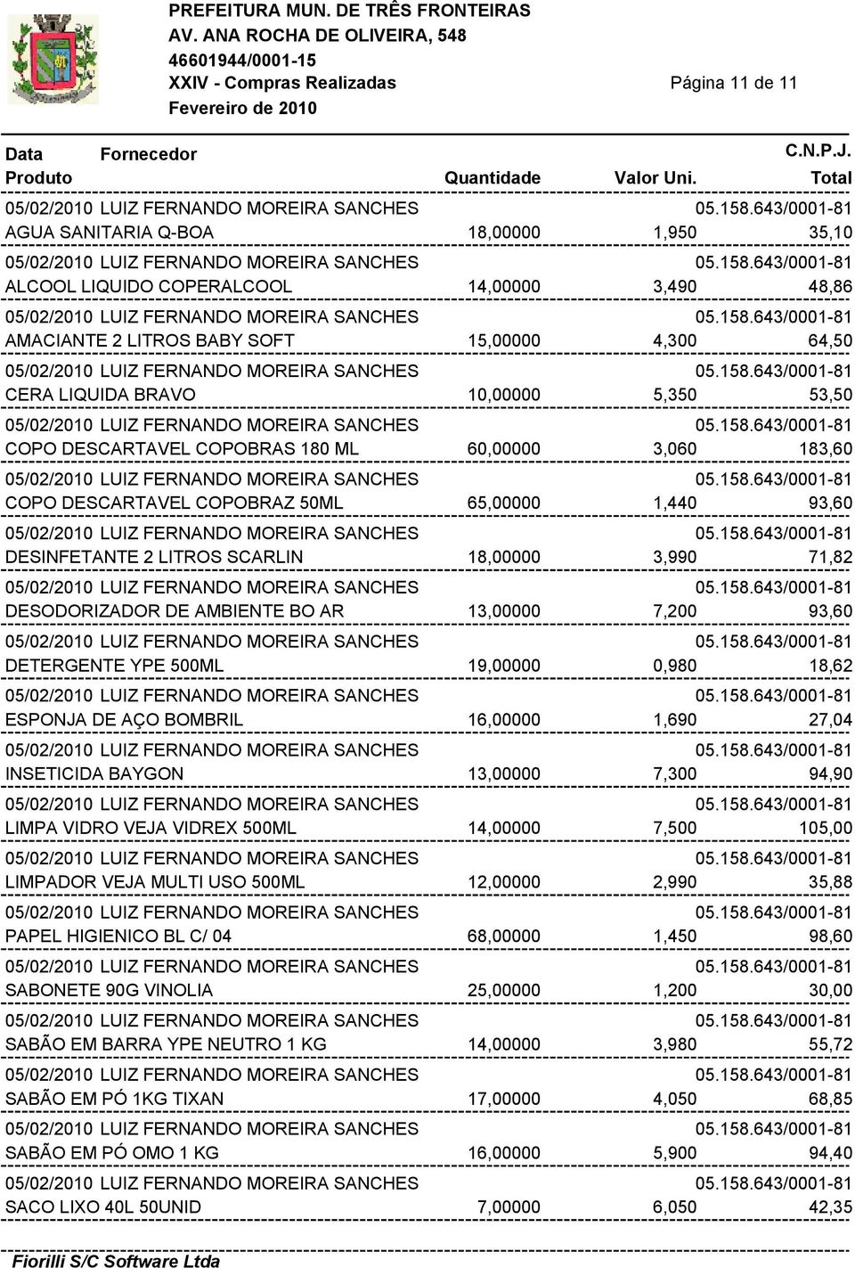 7,200 93,60 DETERGENTE YPE 500ML 19,00000 0,980 18,62 ESPONJA DE AÇO BOMBRIL 16,00000 1,690 27,04 INSETICIDA BAYGON 13,00000 7,300 94,90 LIMPA VIDRO VEJA VIDREX 500ML 14,00000 7,500 105,00 LIMPADOR