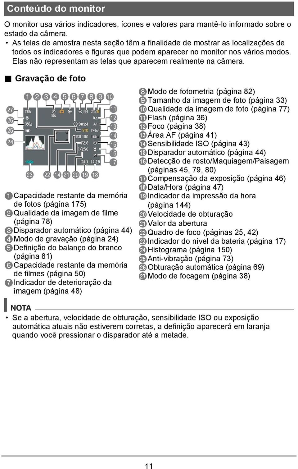 Elas não representam as telas que aparecem realmente na câmera.