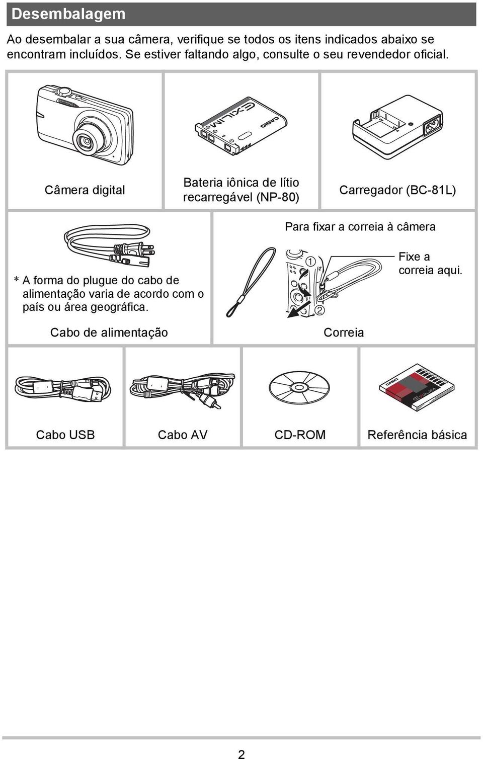 Câmera digital Bateria iônica de lítio recarregável (NP-80) Carregador (BC-81L) Para fixar a correia à câmera * A