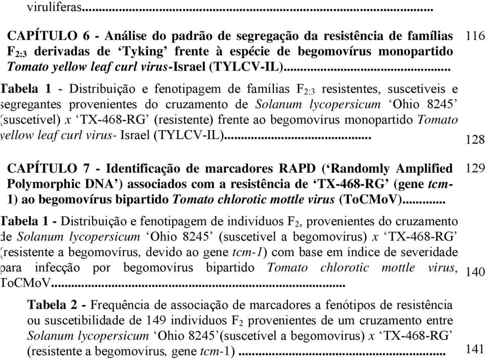 .. Tabela 1 - Distribuição e fenotipagem de famílias F 2:3 resistentes, suscetíveis e segregantes provenientes do cruzamento de Solanum lycopersicum Ohio 8245 (suscetível) x TX-468-RG (resistente)