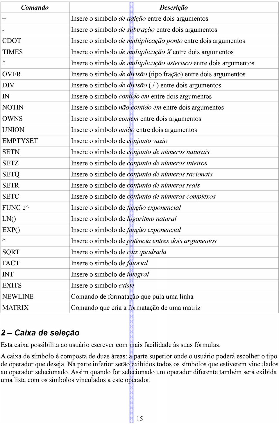 Insere o símbolo de divisão ( / ) entre dois argumentos IN Insere o símbolo contido em entre dois argumentos NOTIN Insere o símbolo não contido em entre dois argumentos OWNS Insere o símbolo contém