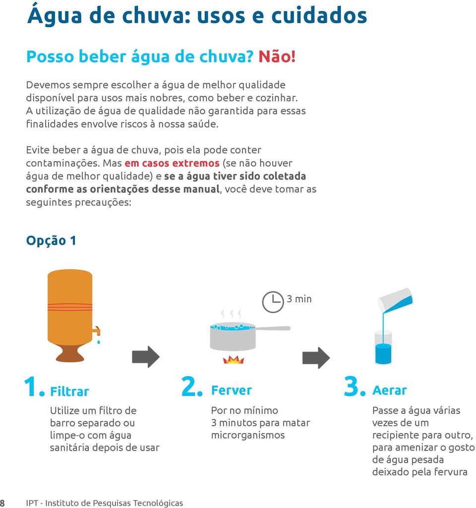 Mas em casos extremos (se não houver água de melhor qualidade) e se a água tiver sido coletada conforme as orientações desse manual, você deve tomar as seguintes precauções: Opção 1 3 min 1.