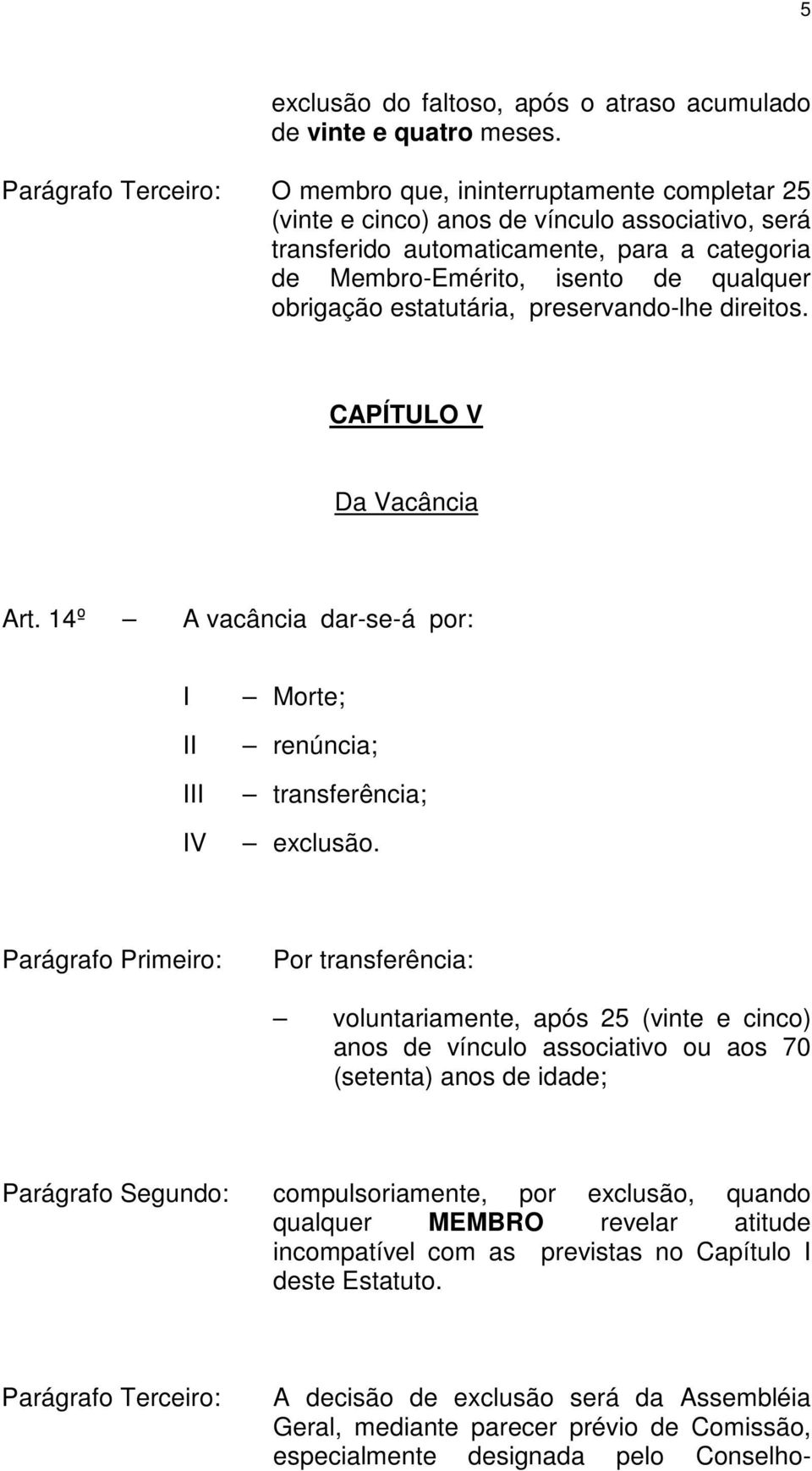 obrigação estatutária, preservando-lhe direitos. CAPÍTULO V Da Vacância Art. 14º A vacância dar-se-á por: V Morte; renúncia; transferência; exclusão.