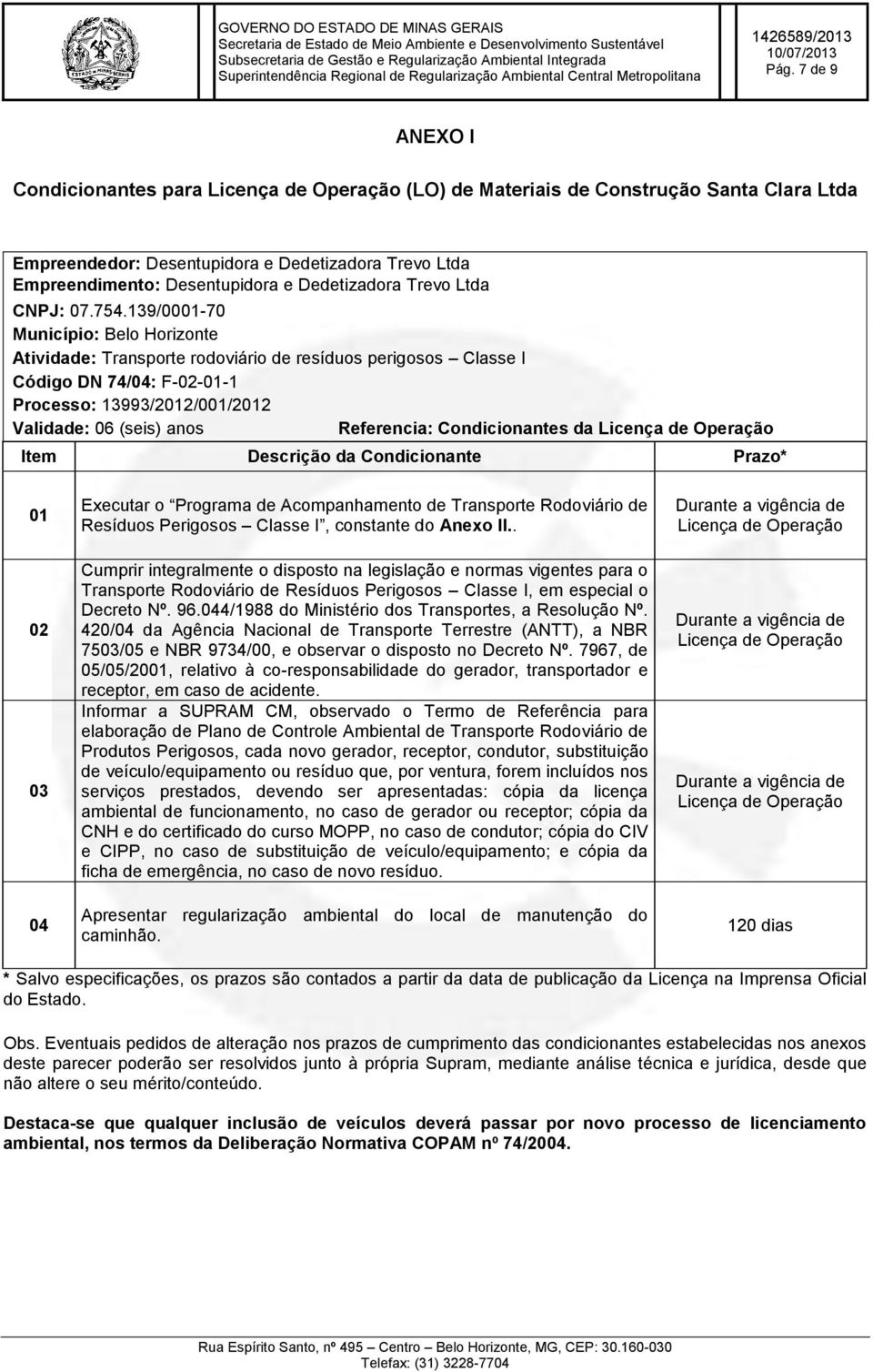 139/0001-70 Município: Belo Horizonte Atividade: Transporte rodoviário de resíduos perigosos Classe I Código DN 74/04: F-02-01-1 Processo: 13993/2012/001/2012 Validade: 06 (seis) anos Referencia: