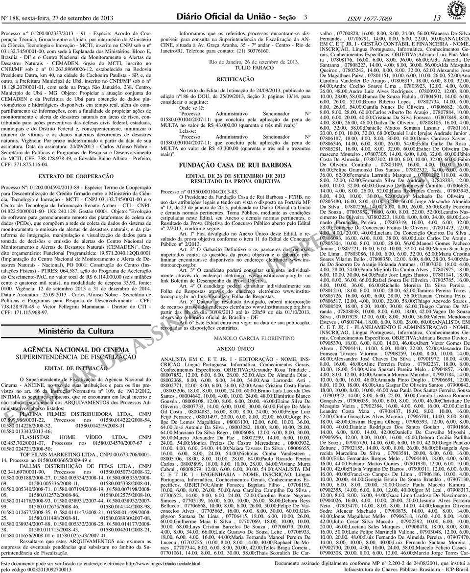 745/0001-00, com sede à Esplanada dos Ministérios, Bloco E, Brasília - DF e o Centro Nacional de Monitoramento e Alertas de Desastres Naturais - CEMADEN, órgão do MCTI, inscrito no CNPJ/MF sob o n 01.