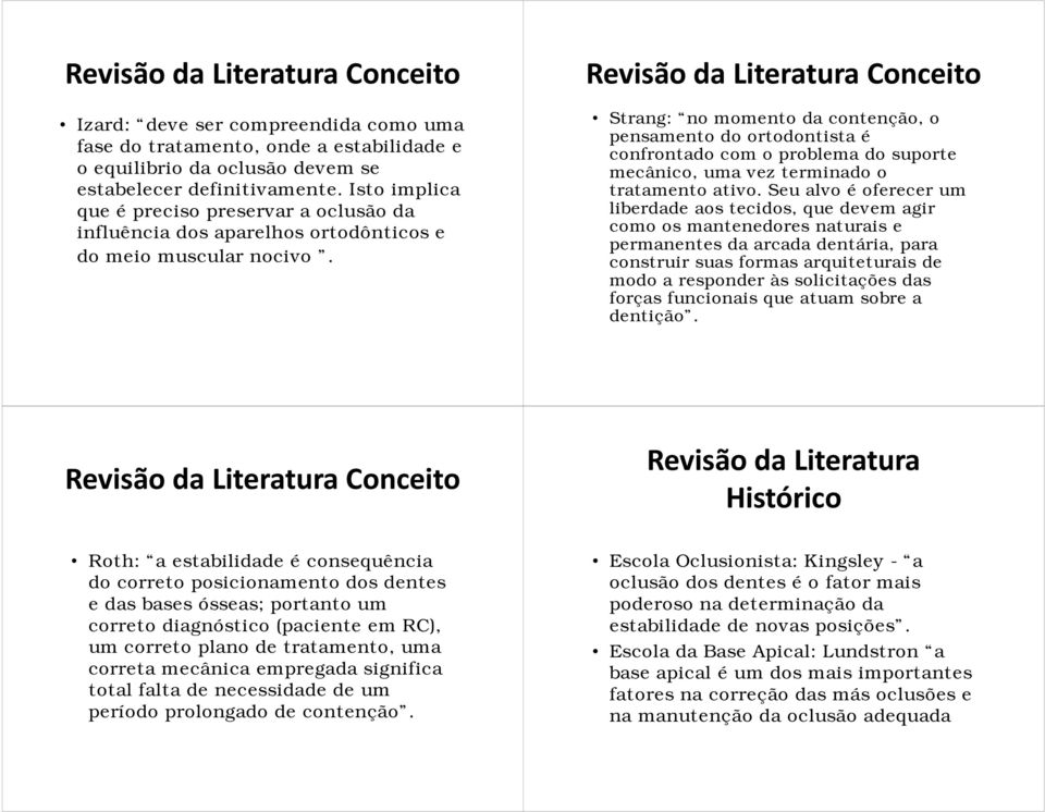 Revisão da Literatura Conceito Strang: no momento da contenção, o pensamento do ortodontista é confrontado com o problema do suporte mecânico, uma vez terminado o tratamento ativo.