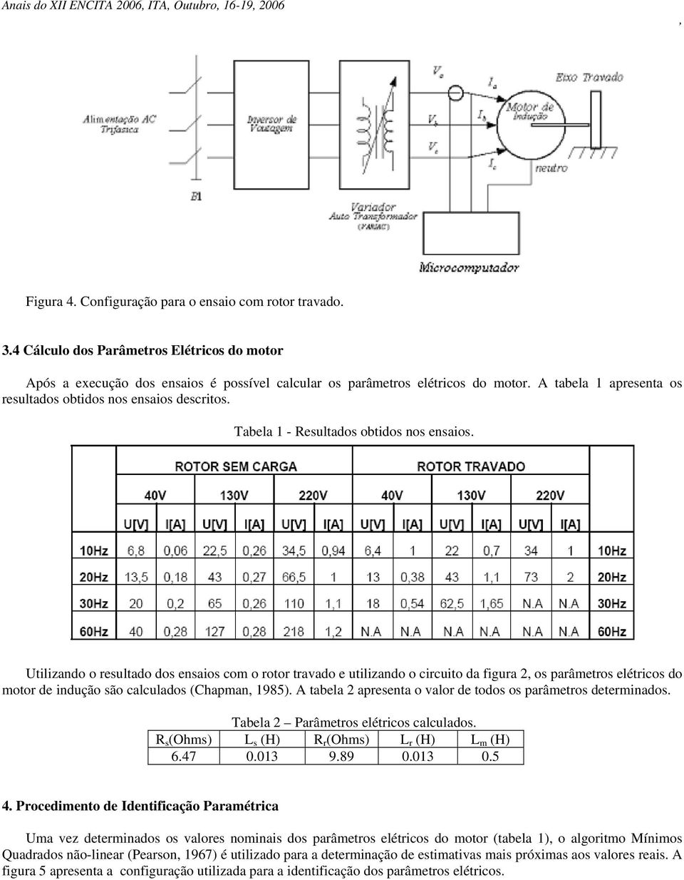 Tabela 1 - Reultado obtido no enaio. Utilizando o reultado do enaio com o rotor travado e utilizando o circuito da figura 2 o parâmetro elétrico do motor de indução ão calculado (Chapman 1985).