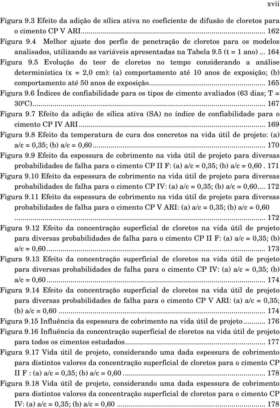 5 Evolução do teor de cloretos no tempo considerando a análise determinística (x = 2,0 cm): (a) comportamento até 10 anos de exposição; (b) comportamento até 50 anos de exposição... 165 Figura 9.