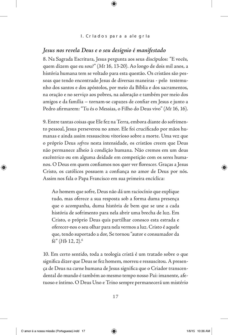 Os cristãos são pessoas que tendo encontrado Jesus de diversas maneiras - pelo testemunho dos santos e dos apóstolos, por meio da Bíblia e dos sacramentos, na oração e no serviço aos pobres, na