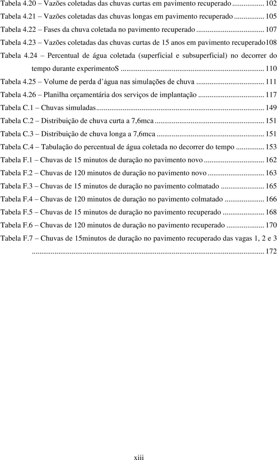 24 Percentual de água coletada (superficial e subsuperficial) no decorrer do tempo durante experimentos... 110 Tabela 4.25 Volume de perda d água nas simulações de chuva... 111 Tabela 4.