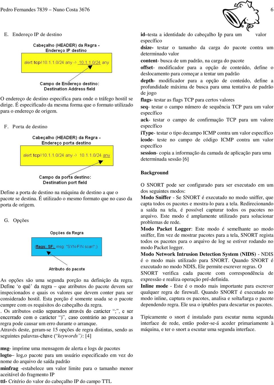 Porta de destino id testa a identidade do cabeçalho Ip para um valor específico dsize- testar o tamanho da carga do pacote contra um determinado valor content- busca de um padrão, na carga do pacote