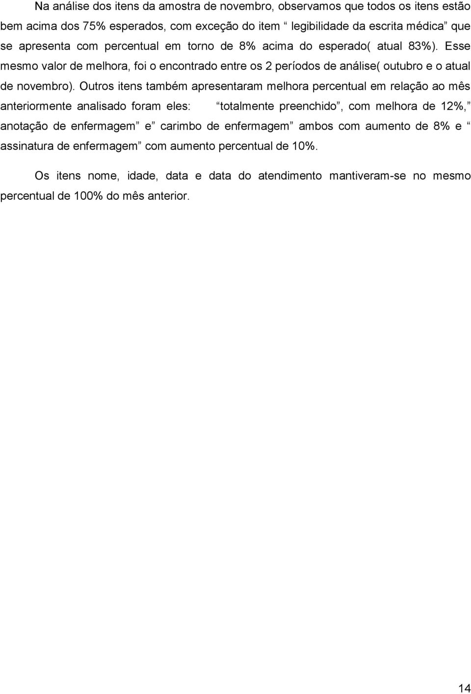 Outros itens também apresentaram melhora percentual em relação ao mês anteriormente analisado foram eles: totalmente preenchido, com melhora de 12%, anotação de enfermagem e carimbo de