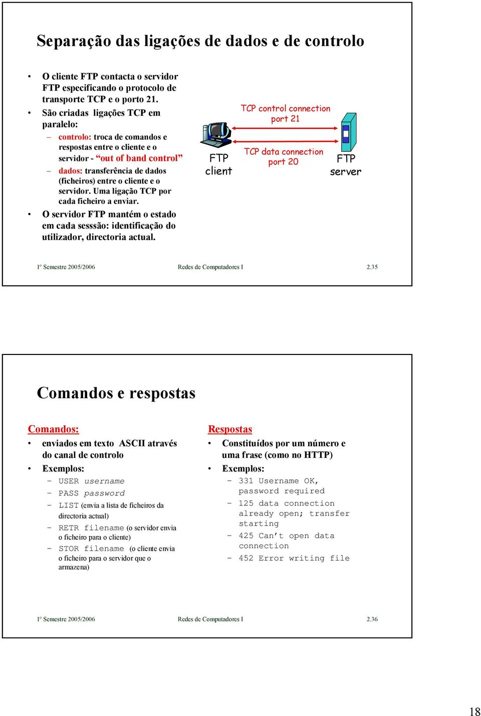 Uma ligação TCP por cada ficheiro a enviar. O servidor FTP mantém o estado em cada sesssão: identificação do utilizador, directoria actual.