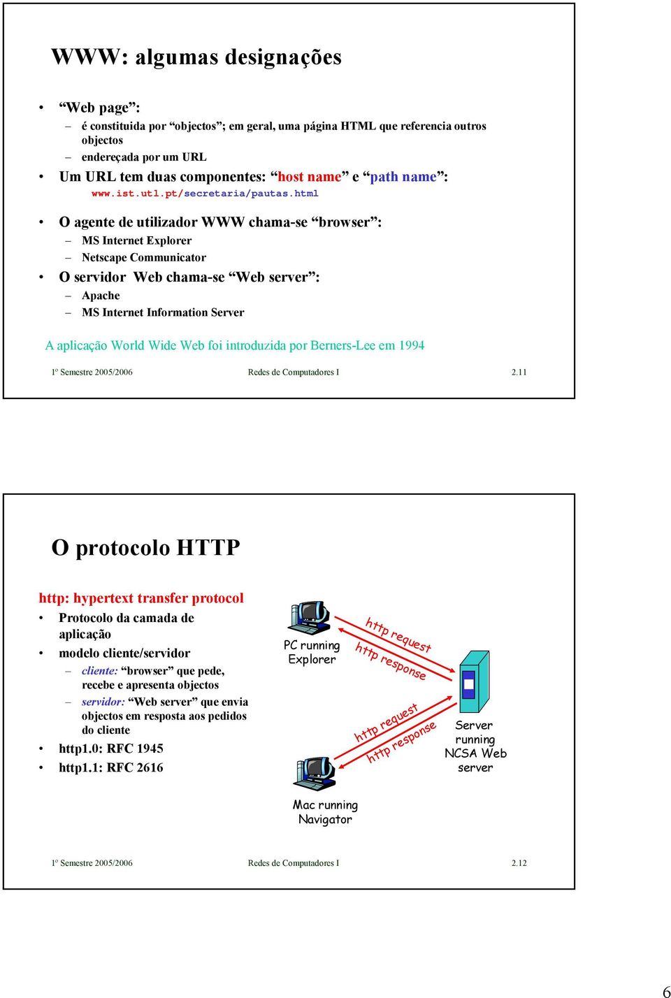 html O e de utilizador WWW chama-se browser : MS Internet Explorer Netscape Communicator O servidor Web chama-se Web : Apache MS Internet Information Server A aplicação World Wide Web foi introduzida