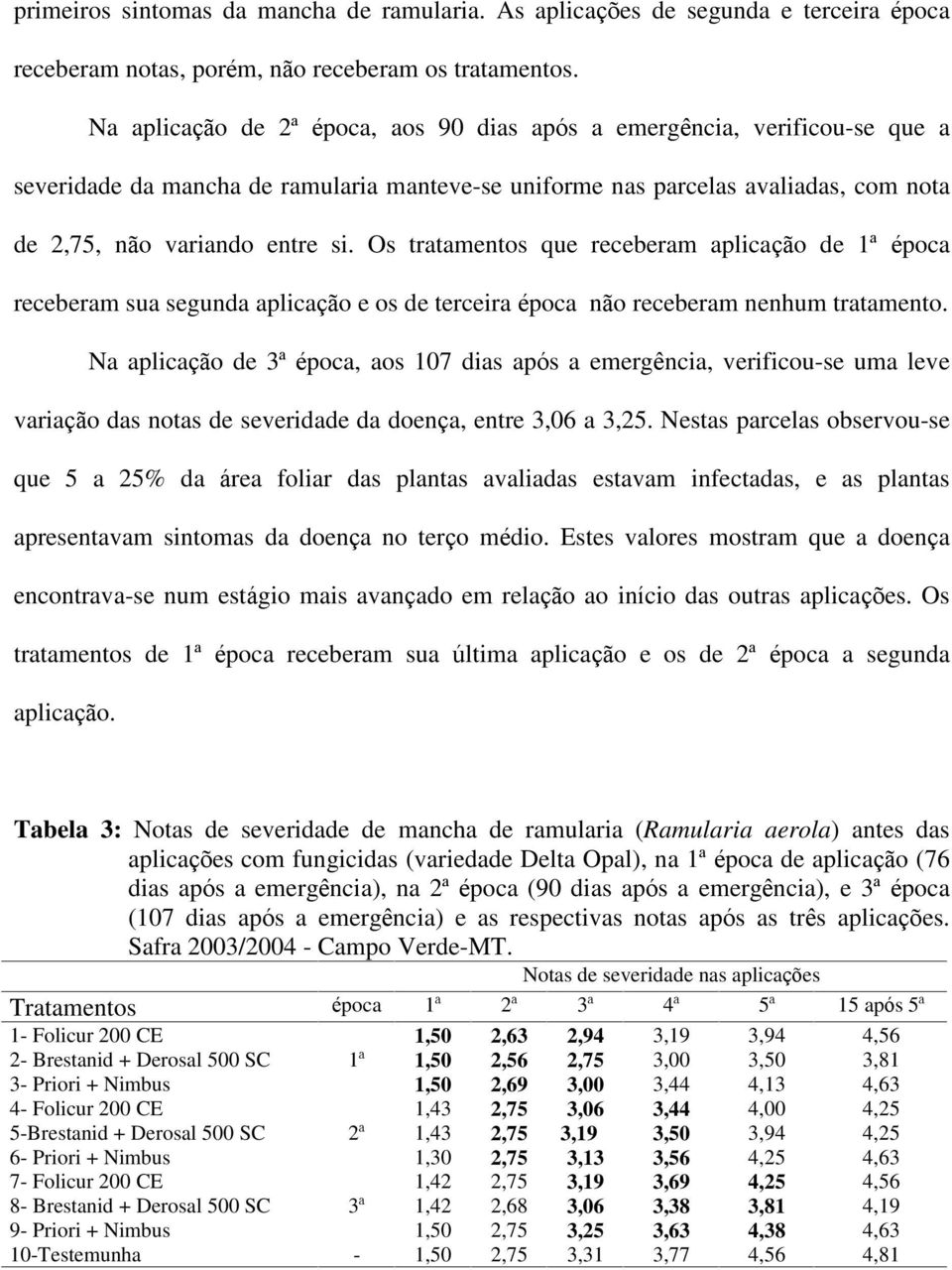 Os tratamentos que receberam aplicação de 1ª época receberam sua segunda aplicação e os de terceira época não receberam nenhum tratamento.