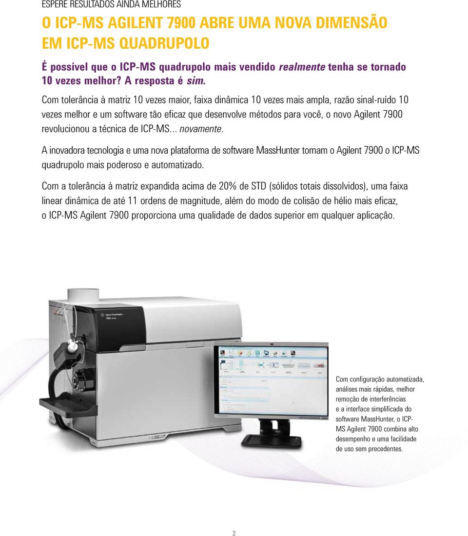 Com tolerância à matriz 1 vezes maior, faixa dinâmica 1 vezes mais ampla, razão sinal-ruído 1 vezes melhor e um software tão eficaz que desenvolve métodos para você, o novo Agilent 79 revolucionou a