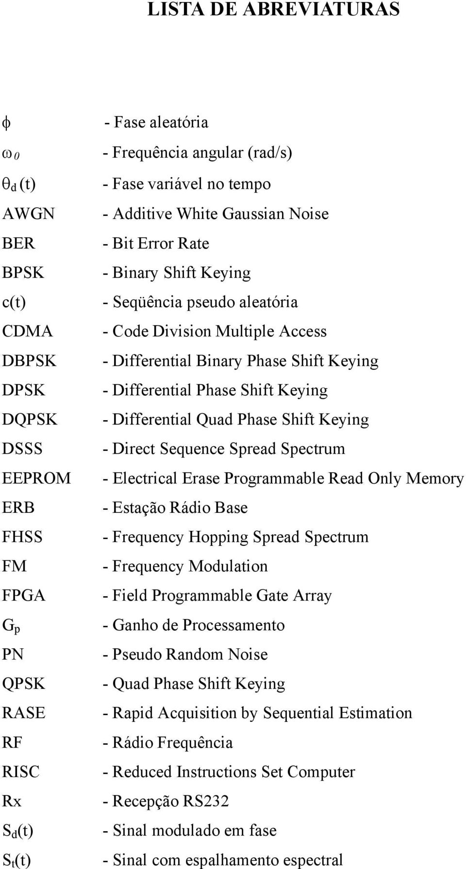 - Direct Sequence Spread Spectrum EEPROM - Electrical Erase Programmable Read Only Memory ERB - Estação Rádio Base FHSS - Frequency Hopping Spread Spectrum FM - Frequency Modulation FPGA - Field