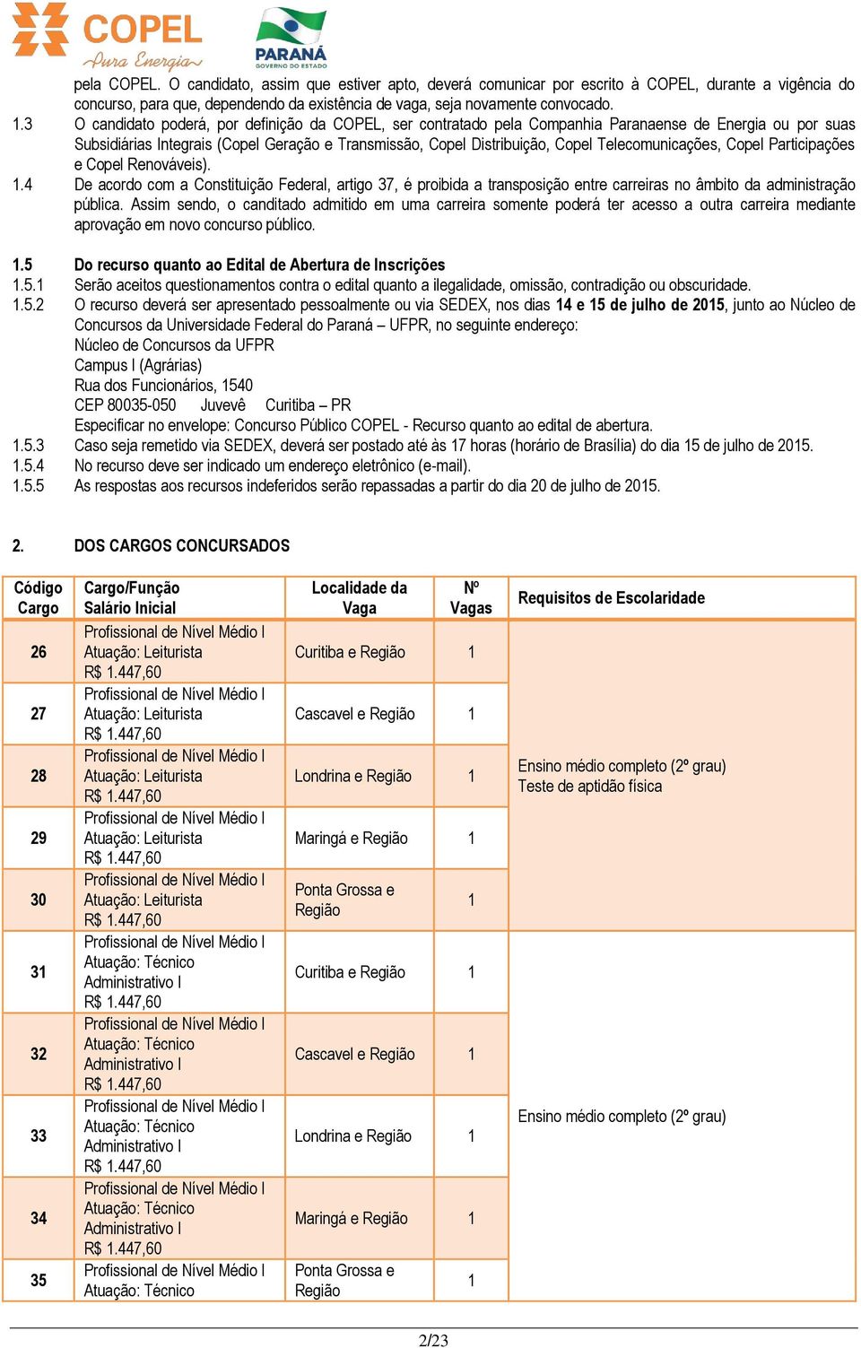 Telecomunicações, Copel Participações e Copel Renováveis). 1.4 De acordo com a Constituição Federal, artigo 37, é proibida a transposição entre carreiras no âmbito da administração pública.