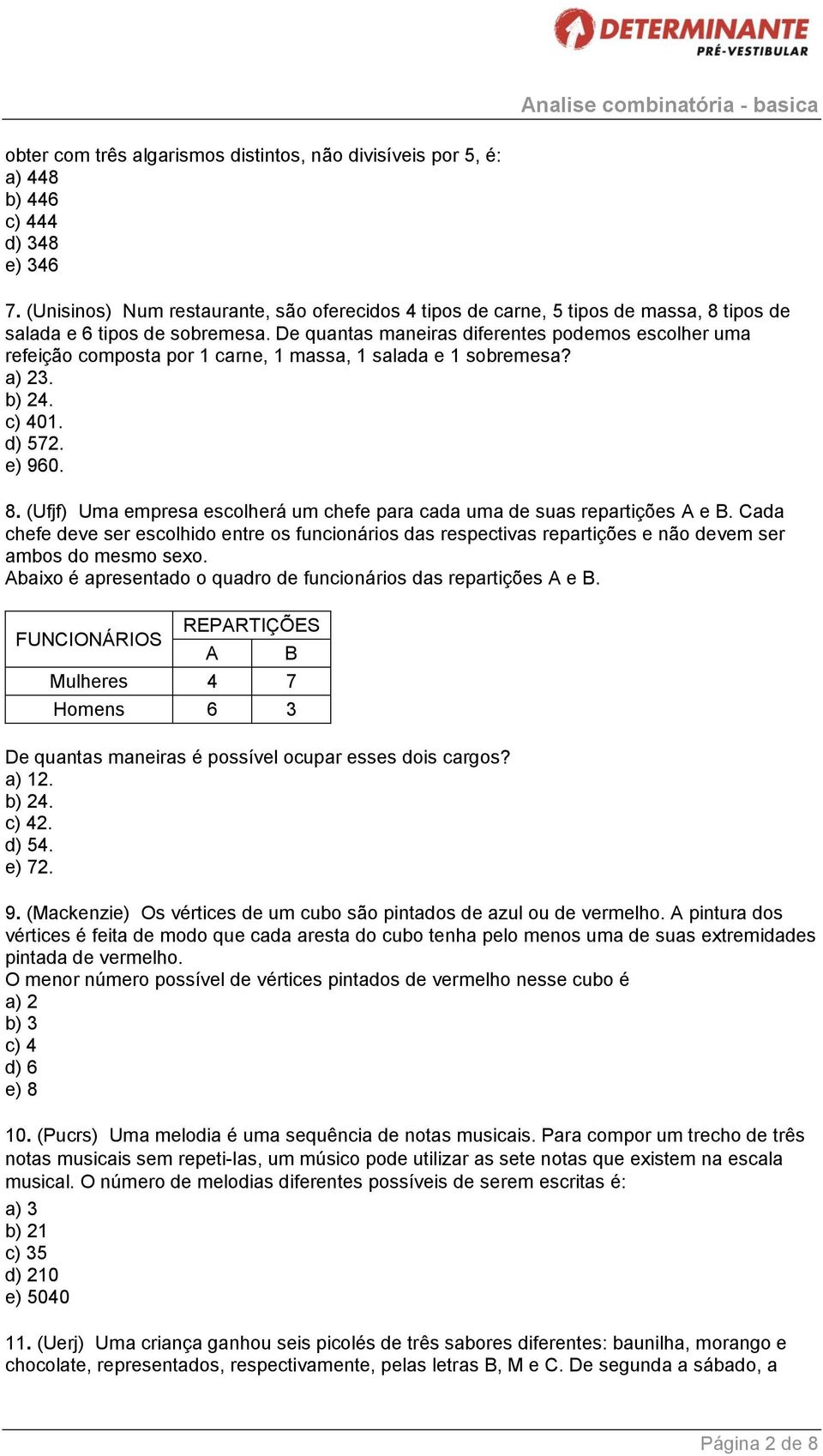 De quantas maneiras diferentes podemos escolher uma refeição composta por 1 carne, 1 massa, 1 salada e 1 sobremesa? a) 23. b) 24. c) 401. d) 572. e) 960. 8.