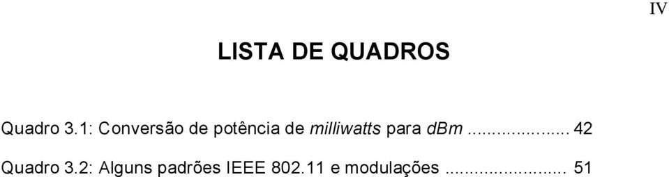 milliwatts para dbm... 42 Quadro 3.