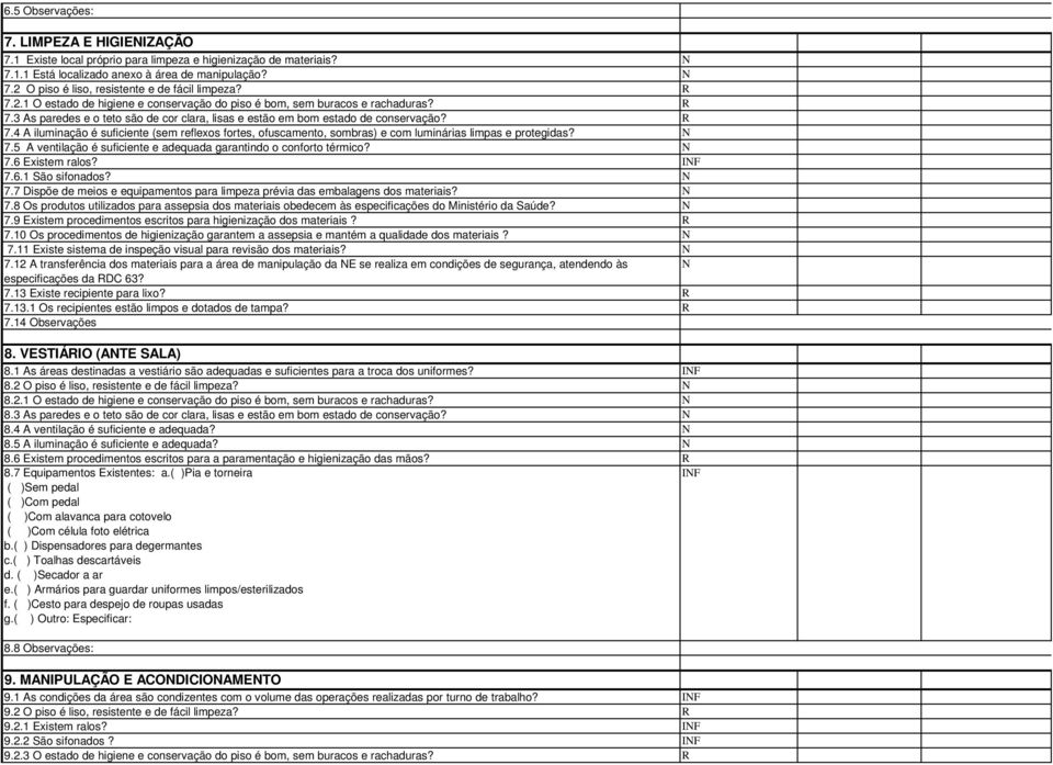 N 7.5 A ventilação é suficiente e adequada garantindo o conforto térmico? N 7.6 Existem ralos? INF 7.6.1 São sifonados? N 7.7 Dispõe de meios e equipamentos para limpeza prévia das embalagens dos materiais?