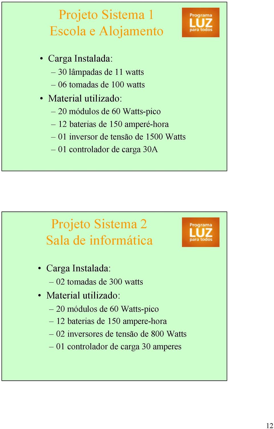 controlador de carga 30A Projeto Sistema 2 Sala de informática Carga Instalada: 02 tomadas de 300 watts Material