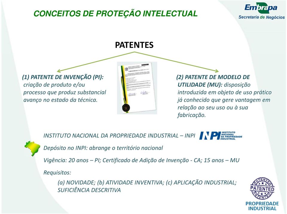 (2) PATENTE DE MODELO DE UTILIDADE (MU): disposição introduzida em objeto de uso prático já conhecido que gere vantagem em relação ao seu uso ou à