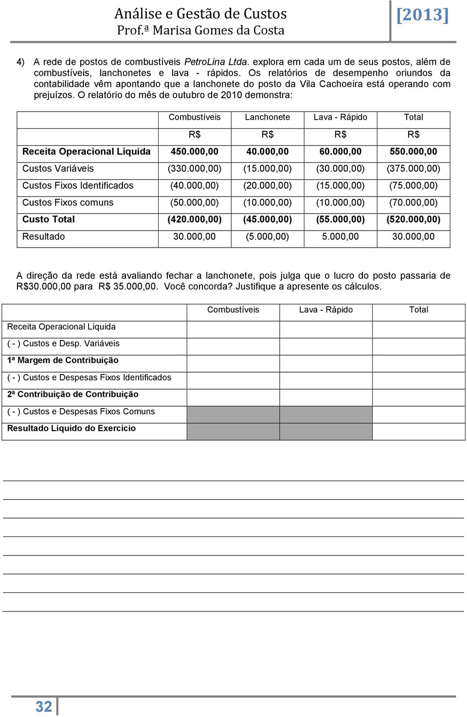 O relatório do mês de outubro de 2010 demonstra: Combustíveis Lanchonete Lava - Rápido Total R$ R$ R$ R$ Receita Operacional Líquida 450.000,00 40.000,00 60.000,00 550.000,00 Custos Variáveis (330.