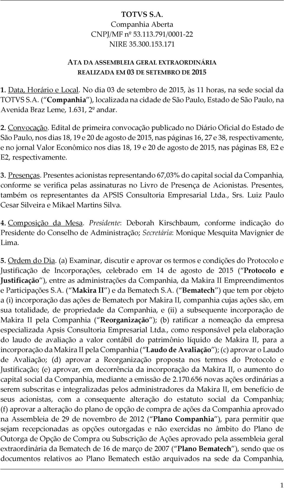 Edital de primeira convocação publicado no Diário Oficial do Estado de São Paulo, nos dias 18, 19 e 20 de agosto de 2015, nas páginas 16, 27 e 38, respectivamente, e no jornal Valor Econômico nos