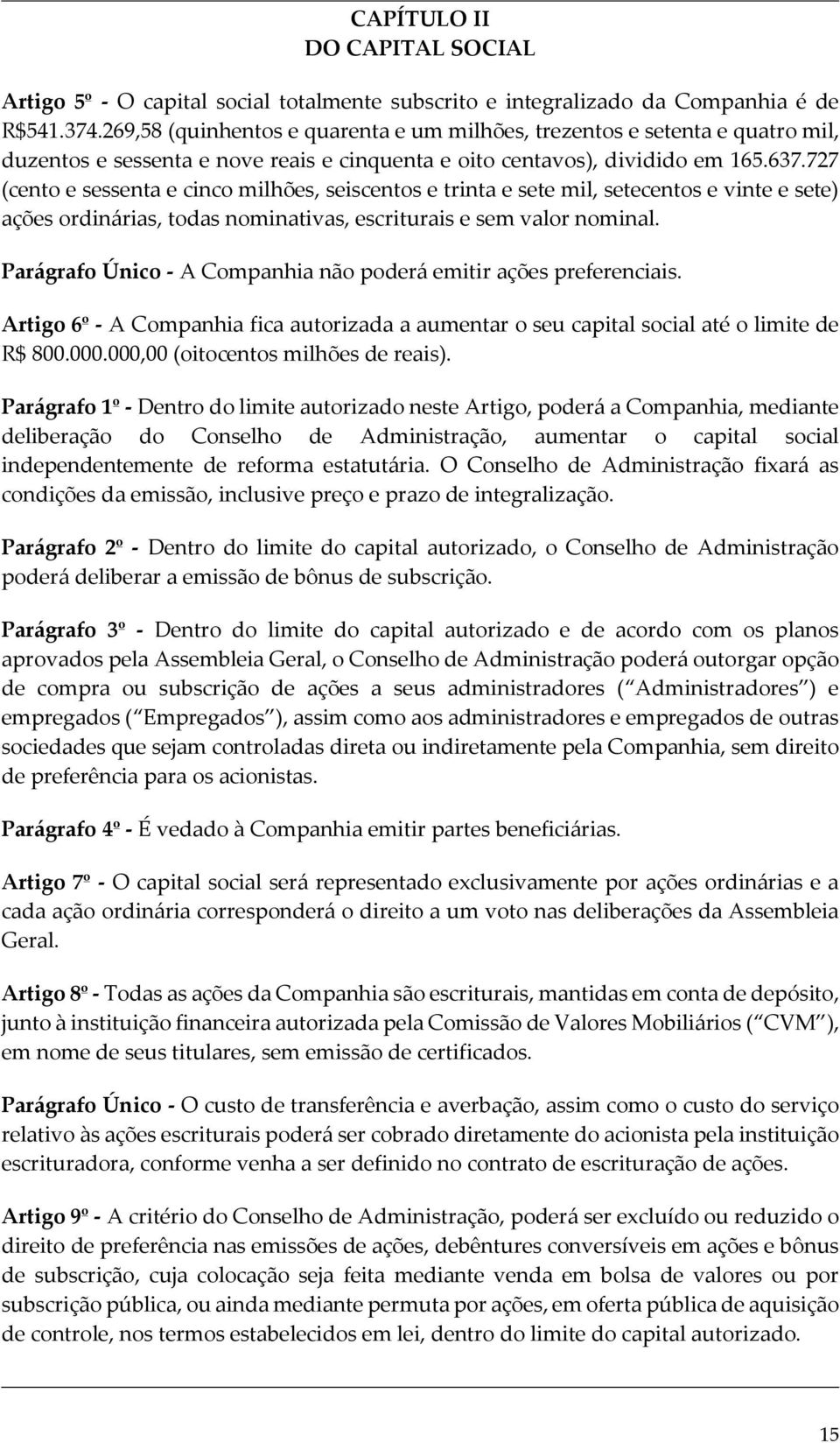 727 (cento e sessenta e cinco milhões, seiscentos e trinta e sete mil, setecentos e vinte e sete) ações ordinárias, todas nominativas, escriturais e sem valor nominal.