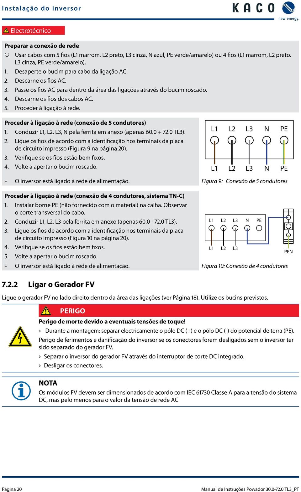 Proceder à ligação à rede. Proceder à ligação à rede (conexão de 5 condutores) 1. Conduzir L1, L2, L3, N pela ferrita em anexo (apenas 60.0 + 72.0 TL3). 2.