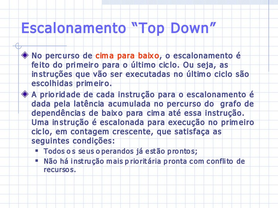 A prio rid ade de cada instru ção para o escalonamento é dada pela latência acumulada no percurso do grafo de dependência s de baix o para cim a até essa