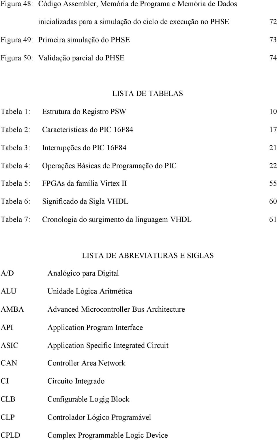 do PIC 22 Tabela 5: FPGAs da família Virtex II 55 Tabela 6: Significado da Sigla VHDL 60 Tabela 7: Cronologia do surgimento da linguagem VHDL 61 LISTA DE ABREVIATURAS E SIGLAS A/D ALU AMBA API ASIC