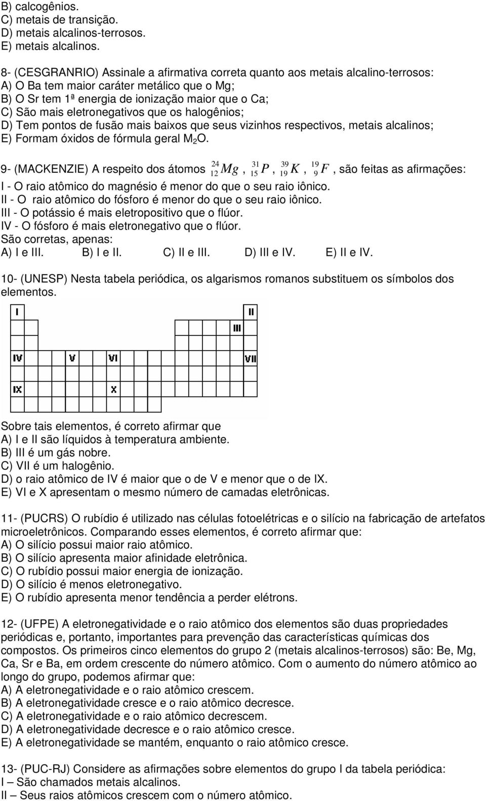 eletronegativos que os halogênios; D) Tem pontos de fusão mais baixos que seus vizinhos respectivos, metais alcalinos; E) Formam óxidos de fórmula geral M 2 O.