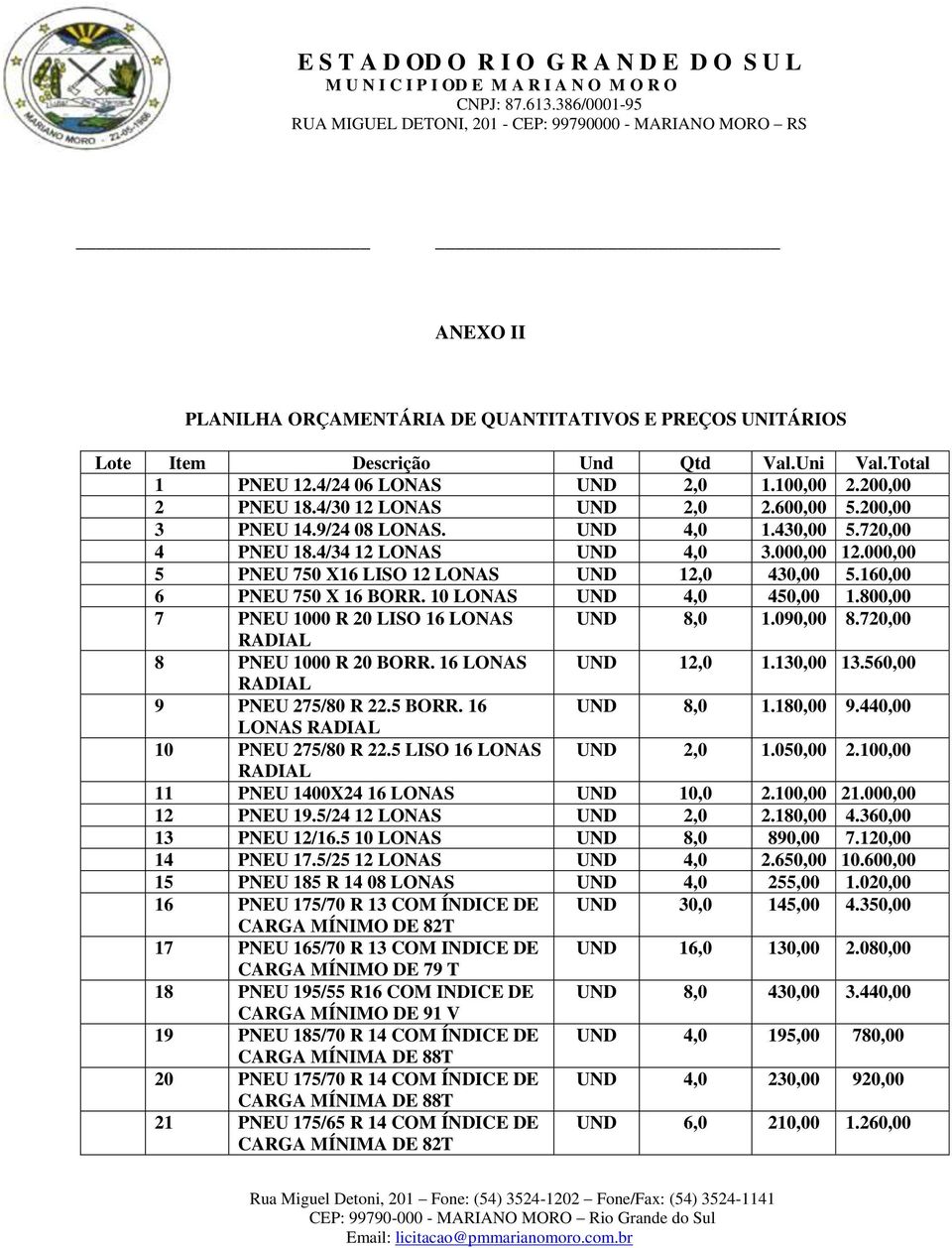 10 LONAS UND 4,0 450,00 1.800,00 7 PNEU 1000 R 20 LISO 16 LONAS UND 8,0 1.090,00 8.720,00 RADIAL 8 PNEU 1000 R 20 BORR. 16 LONAS UND 12,0 1.130,00 13.560,00 RADIAL 9 PNEU 275/80 R 22.5 BORR.