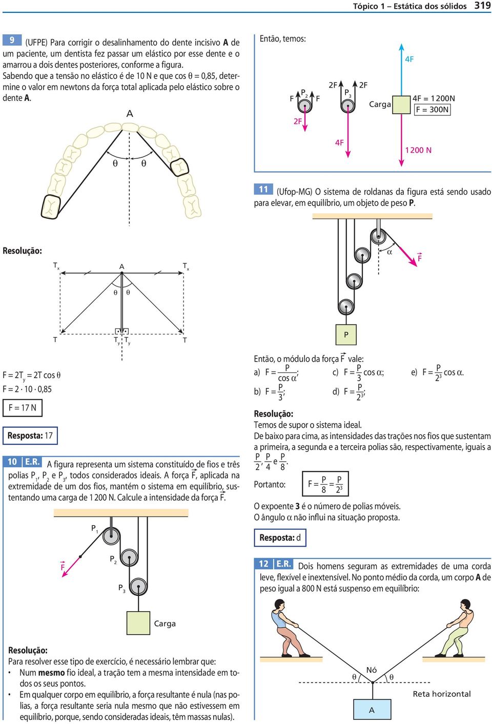 Então, temos: 3 rg 4 4 1 00N 300N 4 1 00 N 11 (Ufop-MG) sistem e rolns f igur está seno uso pr elevr, em equilíbrio, um objeto e peso. α y y y cos 10 0,85 17 N Re