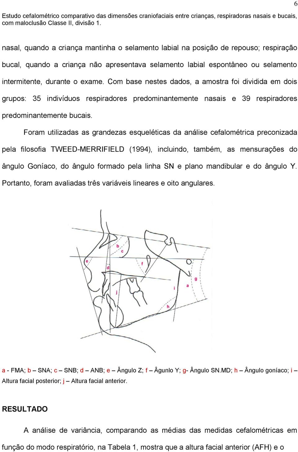 Foram utilizadas as grandezas esqueléticas da análise cefalométrica preconizada pela filosofia TWEED-MERRIFIELD (1994), incluindo, também, as mensurações do ângulo Goníaco, do ângulo formado pela