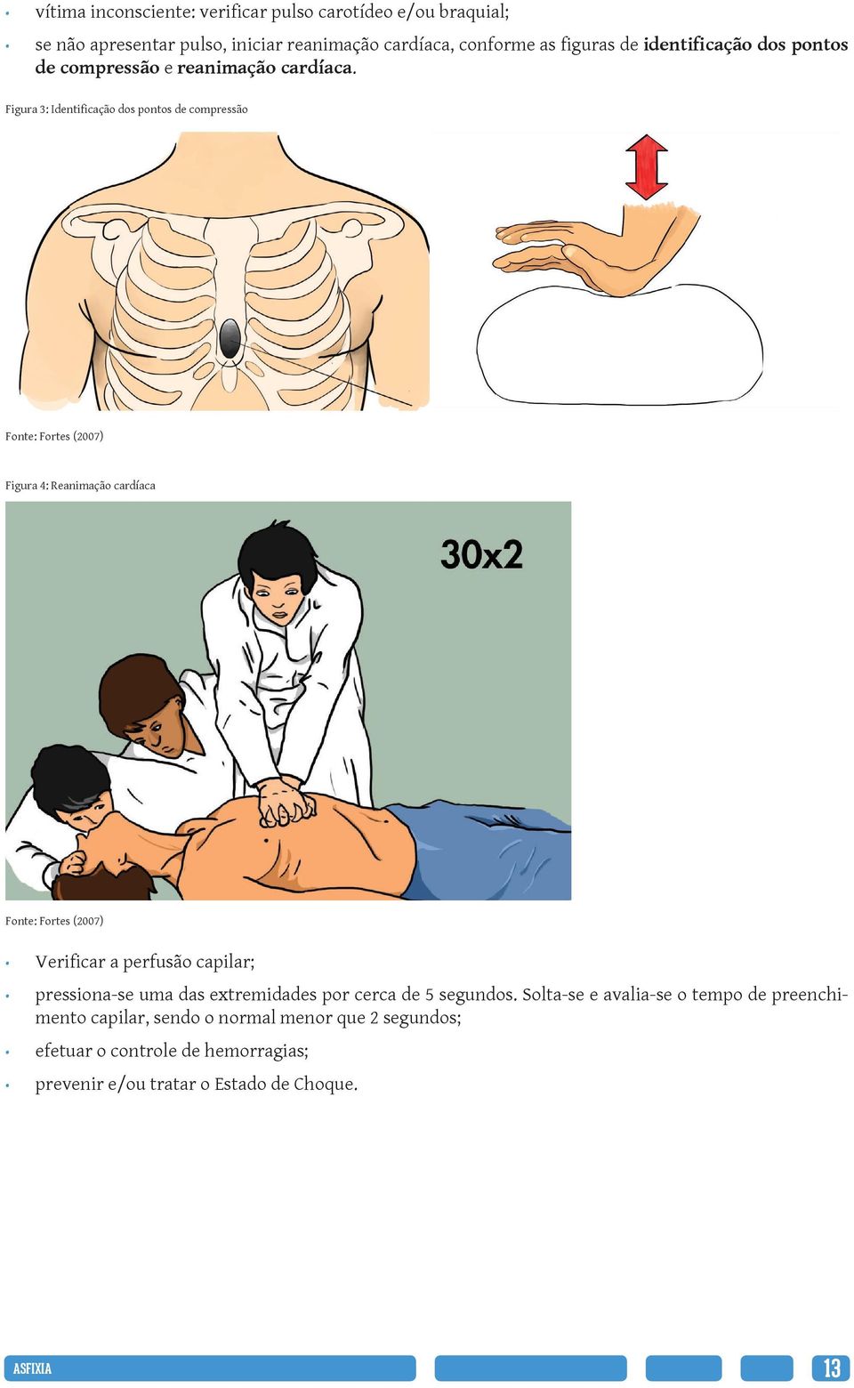 Figura 3: Identificação dos pontos de compressão Fonte: Fortes (2007) Figura 4: Reanimação cardíaca Fonte: Fortes (2007) Verificar a perfusão